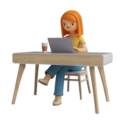 A cartoon girl sitting at a desk with a laptop