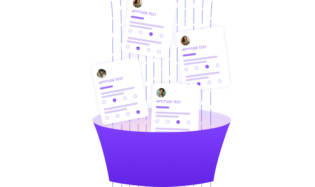 A purple bucket containing four cards.